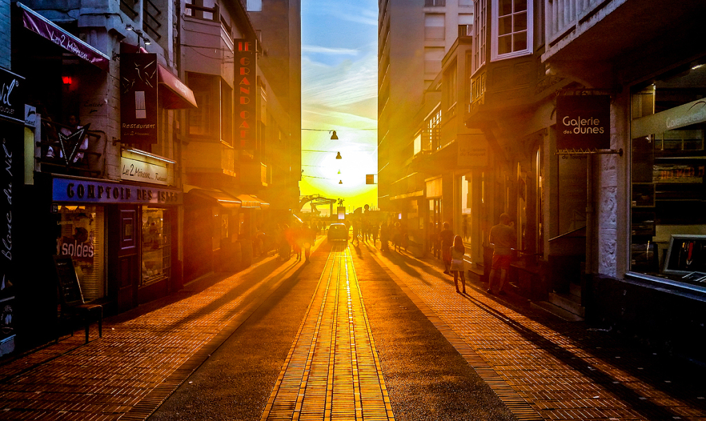 sunset at the end of road